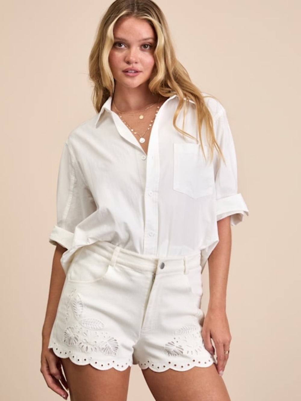 Lulus Zillah Ivory Twill Eyelet Embroidered Scalloped Shorts White - Size XL